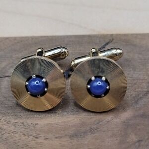 Anson Gold Tone Engine Turned Disc Cufflinks With Lapis Lazuli Cabochon Center